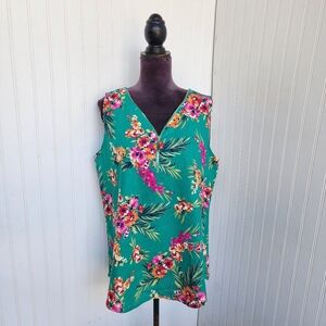 Chloe + Rene Linen Rayon Top Women Clothing Green Floral Short Sleeve Relaxed  L